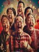 国产喜剧电影免费看封面，欢乐场景中演员夸张表情配合喜庆色彩背景
